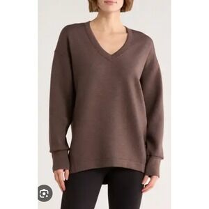 SPANX Brushed AIr Essentials Tunic Espresso Brown V Neck Long Sleeve Top S NWT